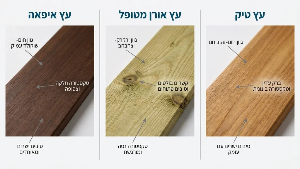השוואת טקסטורות וסוגי עצים לבניית דקים