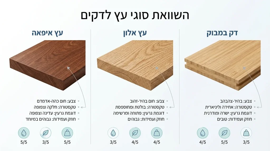 השוואת טקסטורות וגוונים של סוגי עצים שונים