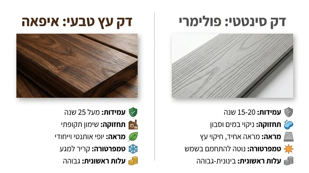 השוואה חזותית בין דק סינטטי לדק עץ טבעי