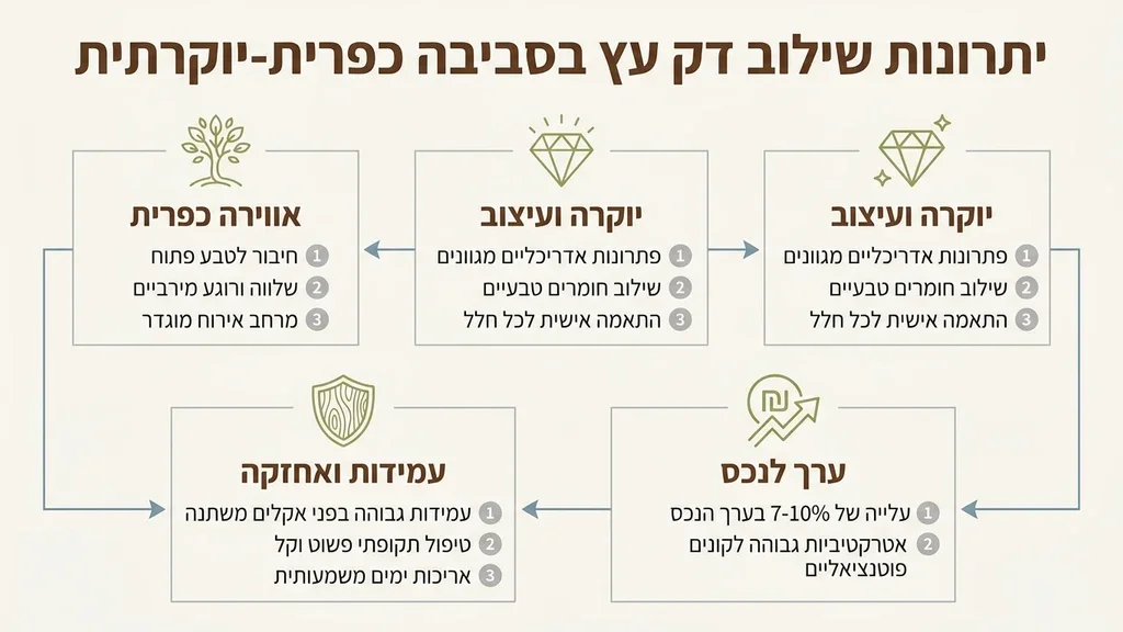 מרפסת דק מעץ טבעי בחצר פסטורלית בבנימינה