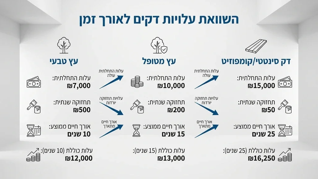 אחרי טבלת השוואת המחירים בין סוגי העצים והחומרים דק סינטטי יוקרתי המותקן בחצר מעוצבת